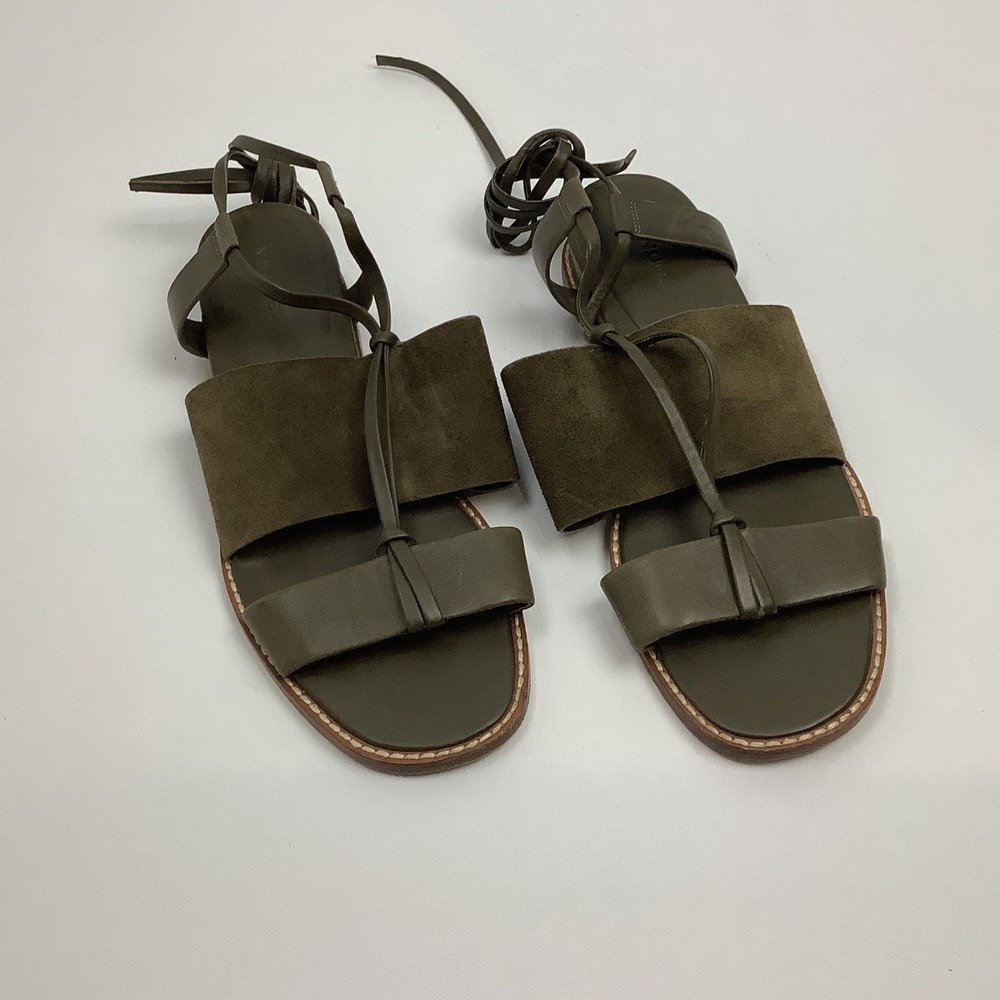 Vince Olive Green Leather Suede Lace Up Ankle Tie Flat Sandals Womens